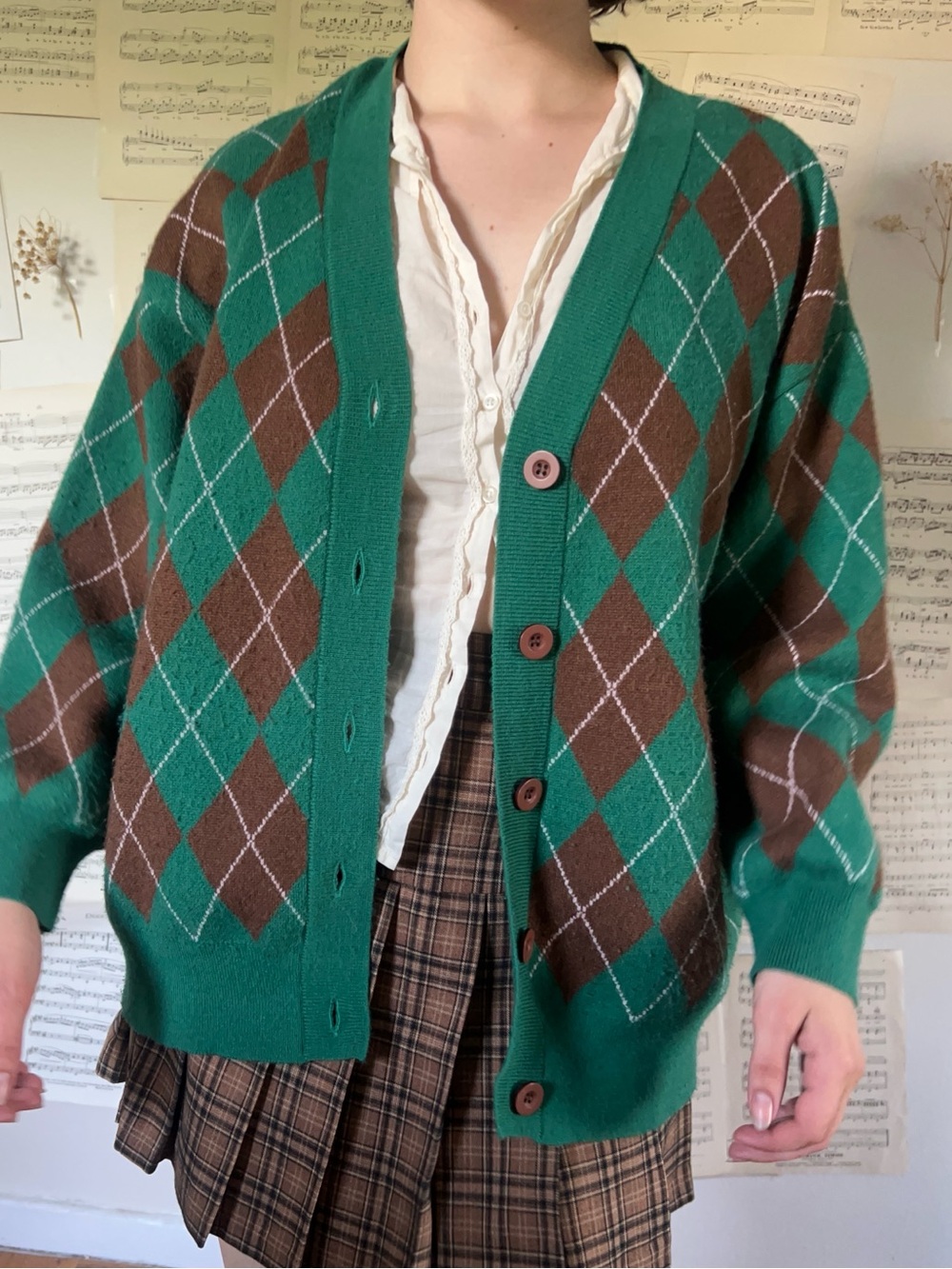 Green and Brown Argyle Button-Up Cardigan Sweater